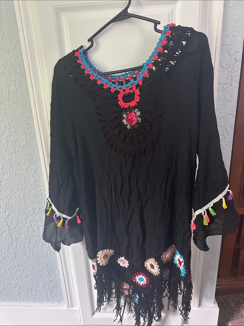 Black Crochet-Accented Women's Coverup with Multicolor Tassels